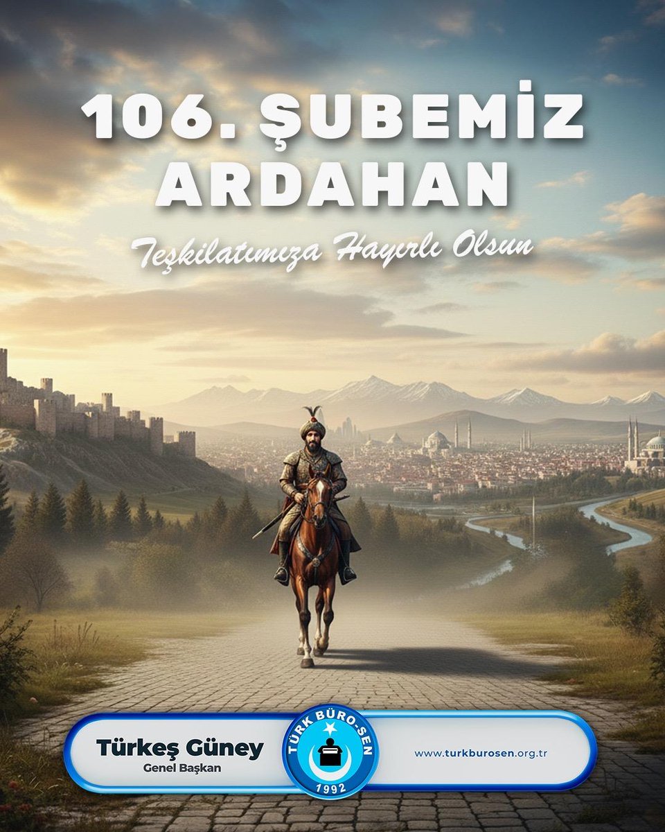 TurkesGuney's tweet photo. 📌 “Kuruluş ilkemiz olan “Devletin; ülkesi ve milletiyle bölünmez bütünlüğünden sapmadan, taviz vermeden; şerefli Türk Memurunun ve memur emeklisinin hakkını hukukunu aramak ve korumak ülküsüyle; büyümeye, güçlenmeye devam ediyoruz”

📌 Ardahan ili yaklaşık 3000 yıllık bir geçmişe sahip olup, 628 yılında Hazar Türklerinin bir kolu olan Arda Türklerinin eline geçerek Ardahan adını almıştır. 1068 yılında Sultan Alparslan tarafından fethedilmiştir. 29 Mayıs 1555 Osmanlı İmparatorluğuna dâhil edilmiştir.

📌 Serhat şehrimiz Ardahan 106 ‘ncı şubemiz olarak, teşkilatımıza ve haklı davamıza hayırlı olsun.
