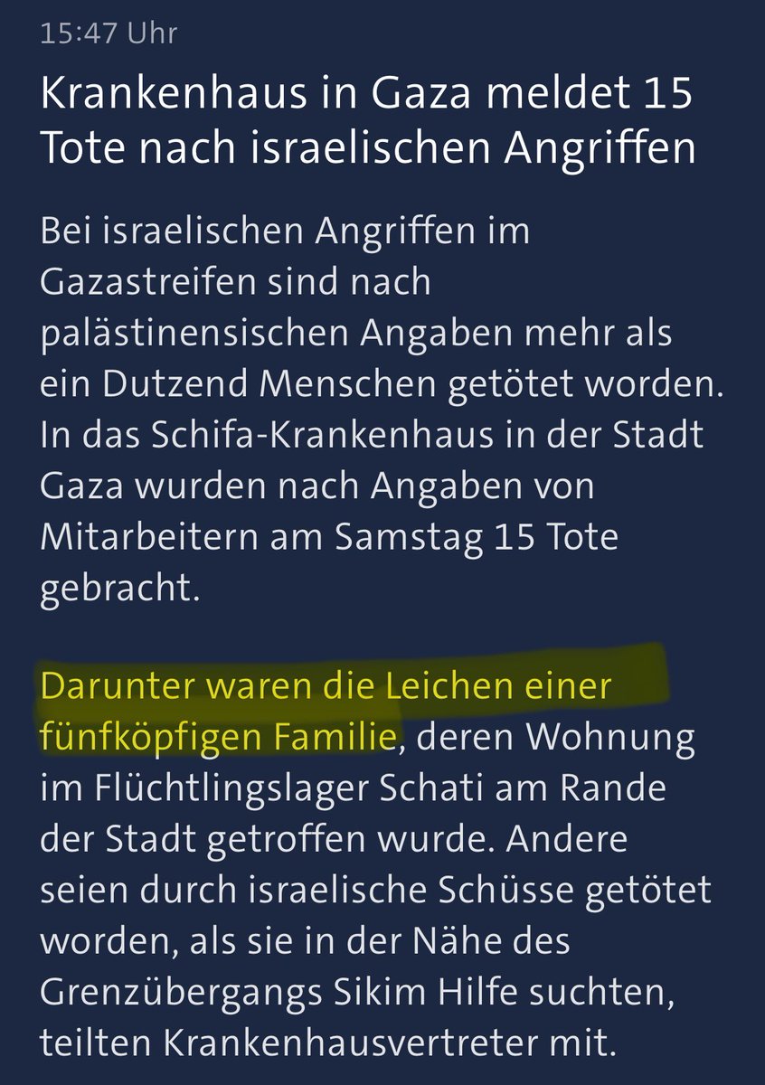Gaza.

Keine Push-Benachrichtigung, keine Sondersendung, nicht einmal in den Abend-Nachrichten, sondern irgendwo im Feed einer Nachrichten-App versteckt: 

Ein Angriff auf ein Krankenhaus, mit zahlreichen Toten, unter den ermordeten eine fünfköpfige Familie.