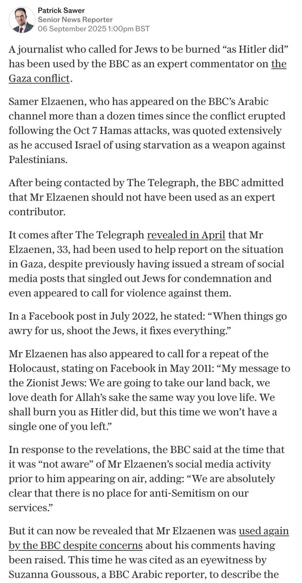 Remember that BBC Arabic commentator who called for Jews to be burnt “as Hitler did”? The BBC’s still using him. Of course. See this from <a href="/Telegraph/">The Telegraph</a> 

At least <a href="/CAMERAArabic/">كاميرا</a> is paying attention. Maybe the BBC could bother monitoring this stuff themselves.