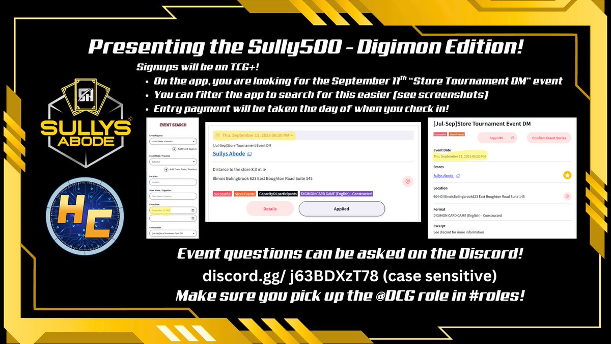 Our locals <a href="/sullysabode/">Sullysabode</a> is hosting a big Digimon tournament before Bandai Card Fest in a couple weeks! We'll be streaming, and if you're local to the area, come play!

#Digimon #DigimonTCG #DigimonCardGame