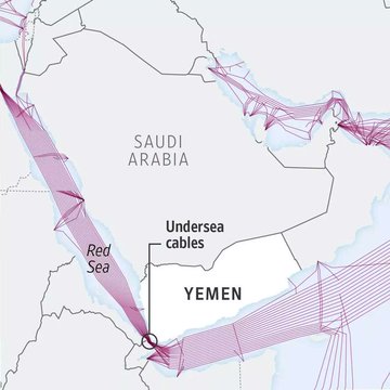 A map of the Middle East and surrounding regions, including Saudi Arabia, Yemen, Egypt, and the Red Sea. Numerous lines representing undersea cables crisscross the Red Sea and extend into the Arabian Sea, Persian Gulf, and Mediterranean Sea. Text on the map reads "Undersea cables" and "Red Sea."