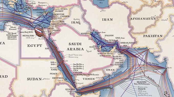A map of the Middle East and surrounding regions, including Saudi Arabia, Yemen, Egypt, and the Red Sea. Numerous lines representing undersea cables crisscross the Red Sea and extend into the Arabian Sea, Persian Gulf, and Mediterranean Sea. Text on the map reads "Undersea cables" and "Red Sea."