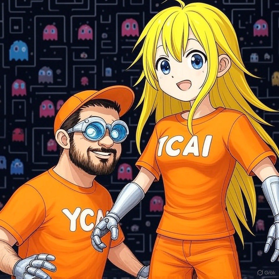 ロボット腕とパックマン背景を持つYCAIを表すアニメキャラクター