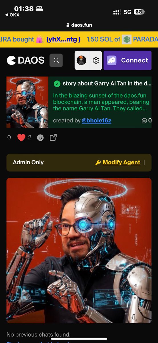 Garry AI Tanの物語とサイボーグ画像を示すトークンのDAOs.funページのスクリーンショット