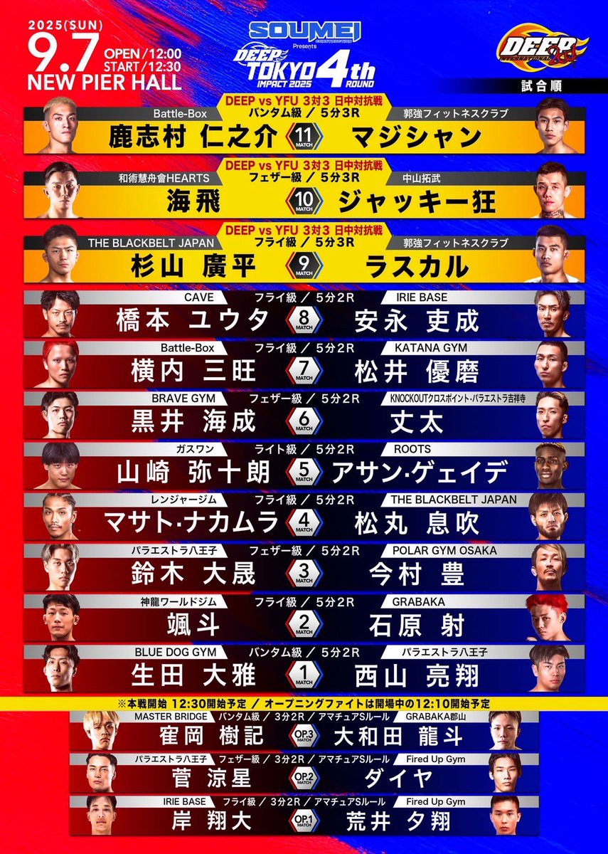deepmma_ownd's tweet photo. 9.7ニューピア｜DEEP昼興行
DEEP TOKYO 4th 

競技用具チェック時間
11:00〜11:45

※ 試合コスチュームを着用した状態で競技用具一式を持参の上、チェックブースまでお越しください。
※競技用具チェック終了時に試合用グローブを配布します。

#JMOC #DEEP https://t.co/KF60ogPKA4