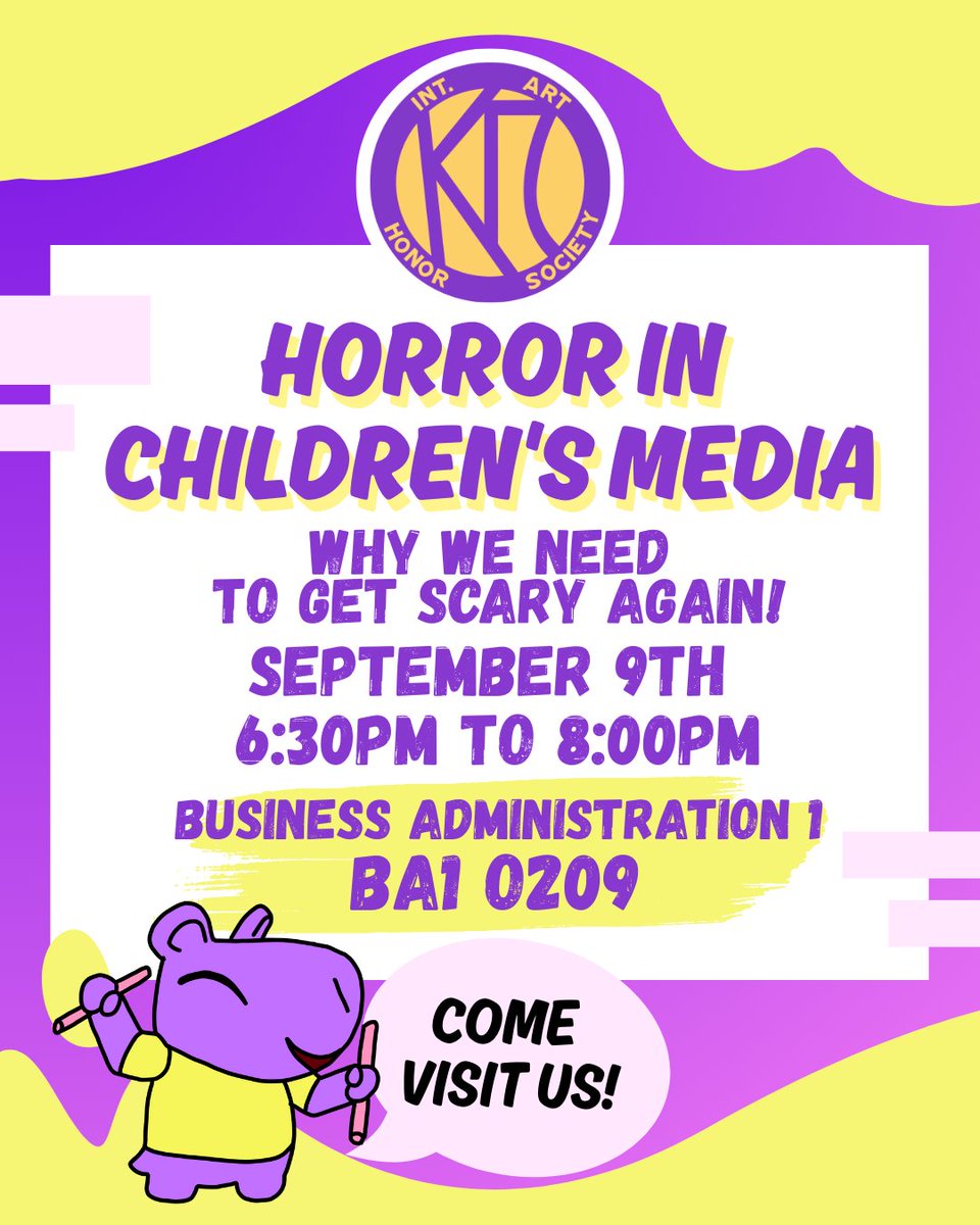 kappapiucf's tweet image. Our Next meeting will be about Horror in children’s media!!!😆💜💛 and why we need to get scary again!!!💀  #artsatucf #kappapiucf #kappapi #artcollege #artmarket #artstudents #artclub #artsociety #svad #ucf #svaducf