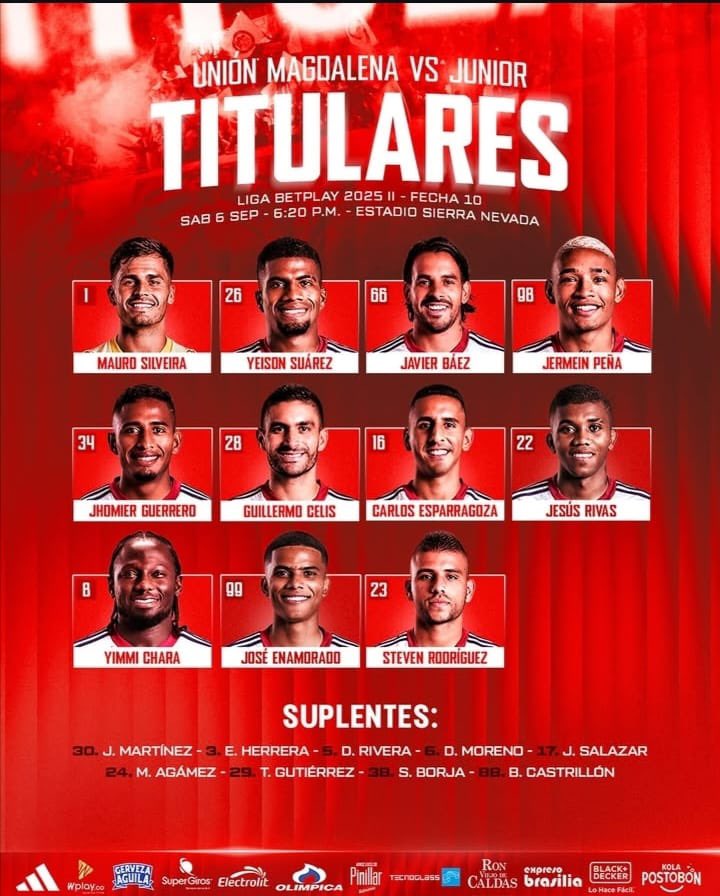 Nómina titular de Junior para el clásico de la fecha 10 ante Unión Magdalena por la #LigaBetPlay

#DeporteMeridiano