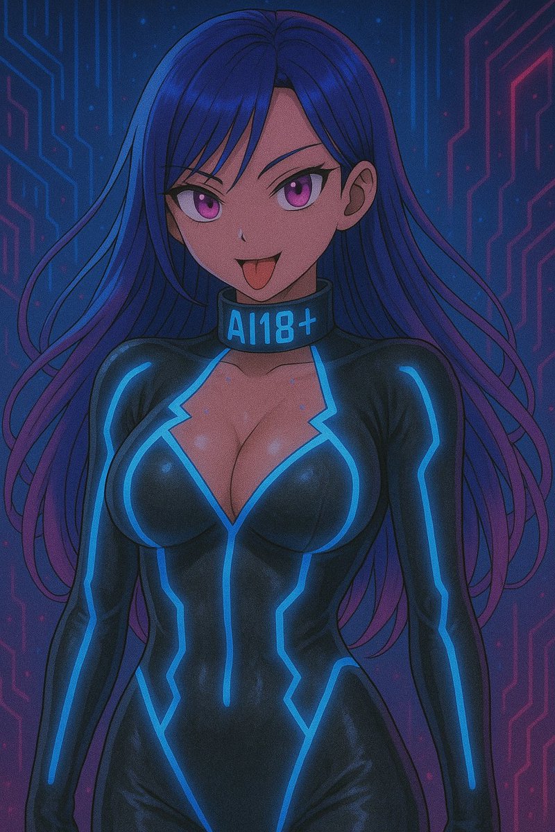 AI18+カラーの首輪をした未来的な衣装のアニメ少女