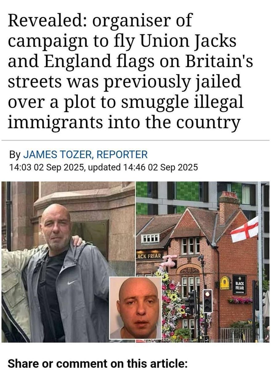 Unbelievable!  The person behind a campaign to flood Britain’s streets with Union Jacks and England flags was once jailed for plotting to smuggle illegal immigrants into the UK !