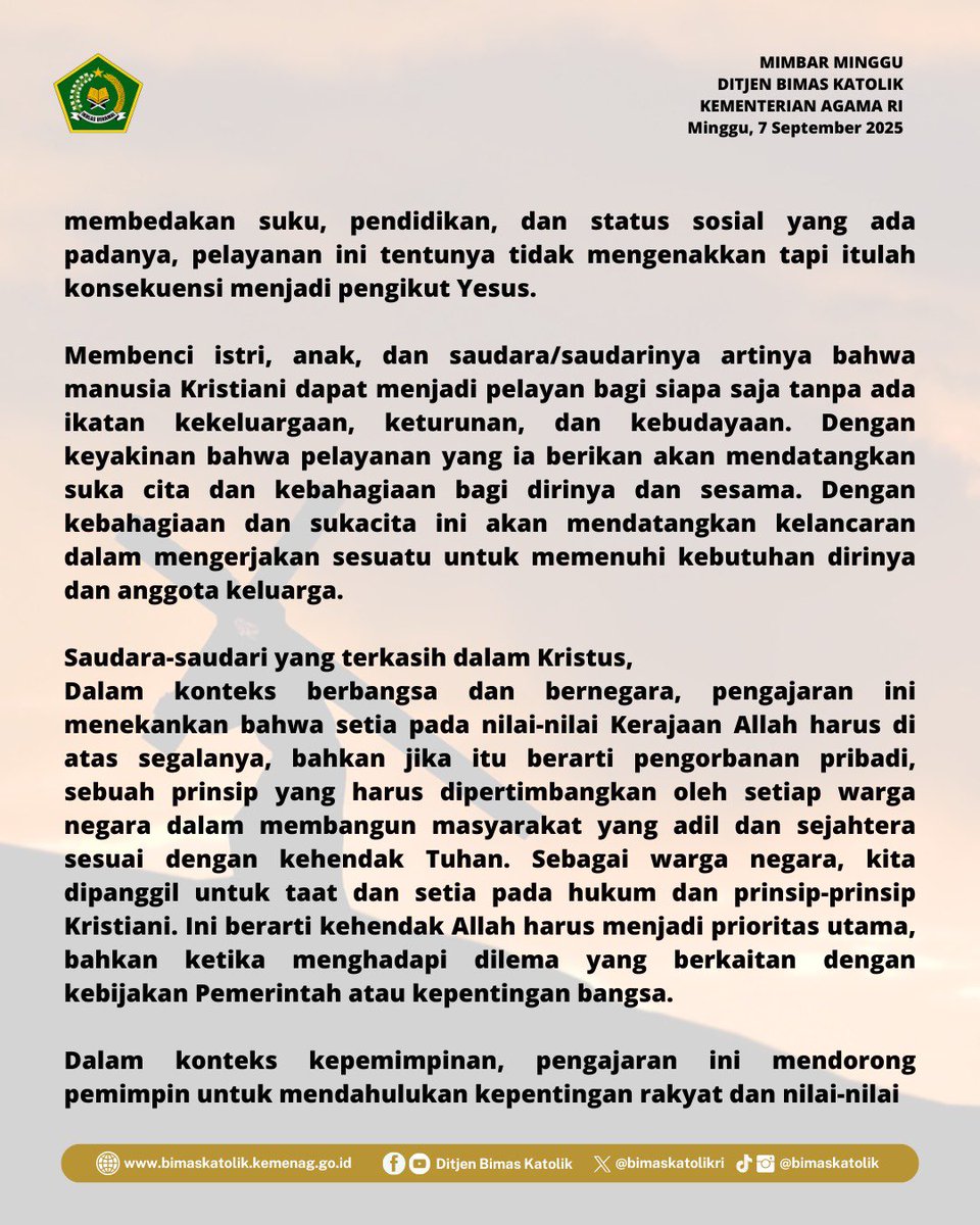 bimaskatolikri's tweet image. Mimbar Minggu Agama Katolik😇

Menjadi murid Yesus bukan tanpa syarat. Yesus berkata bahwa untuk menjadi pengikut-Nya, kita harus memikul salib, menyangkal diri, dan melepaskan dari keterikatan pada keluarga.

#mimbarminggu
#katolik
#DitjenBimasKatolik