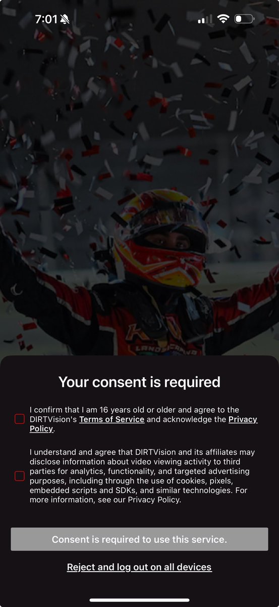 I cannot log into <a href="/dirtvision/">DIRTVision</a> 
I click the boxes and it keeps asking me over and over again to click the boxes??