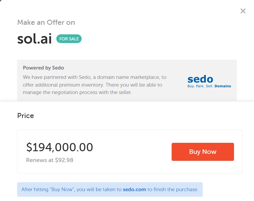 kwkuh's tweet image. sol.ai  Last seen @vercel lander for sale + some searches (@namecheap - @Sedo ) pricing it close to $200k 💰
Nameservers also pointed to @atomHQ at some point.

👉 Question is: has  been sold?

#dotai #domains @sns @solanaidentity @solana