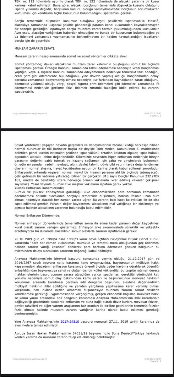 ehukuk1's tweet photo. Sürekli ve yüksek enflasyonun görüldüğü ülke ekonomilerinde para borcunun zamanında ödenmemesi halinde alacaklının zararı olduğu kabul edilmelidir. Kararda munzam zararla ilgili SOYUT İSPAT KURALINI YETERLİ kabul edilmiştir.

(Yarg. 6. HD.2024/3534 E. 2025/15 K. 13.01.2025 T.) https://t.co/hSDcU5JBfT