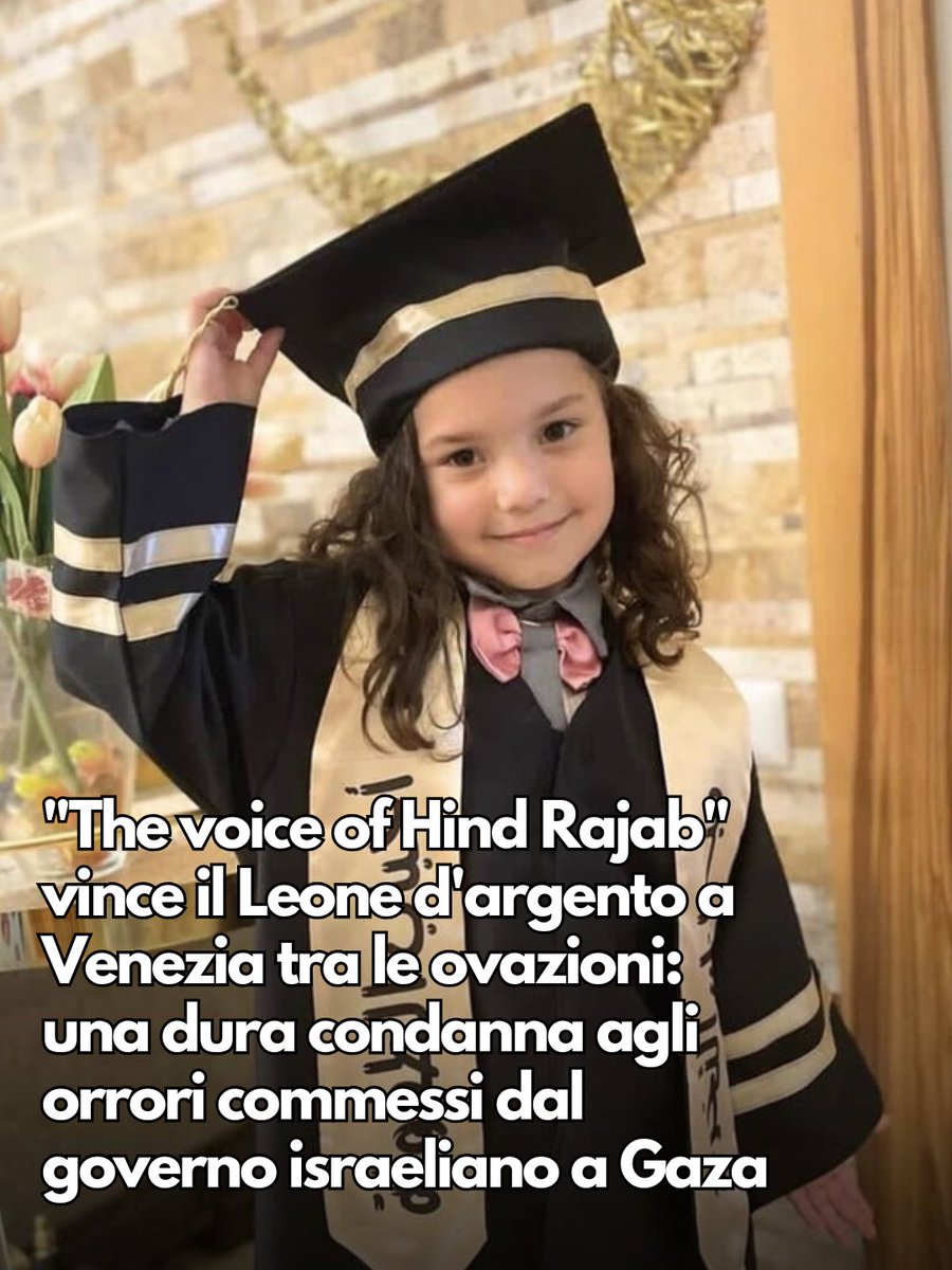 "The voice of Hind Rajab",  vince il Leone d’argento 2025 al Festival di Venezia . Un riconoscimento importante al film e una condanna da parte della Giuria della ferocia omicida dell’esercito israeliano nei confronti di una bambina di 6 anni assassinata mentre chiedeva aiuto al