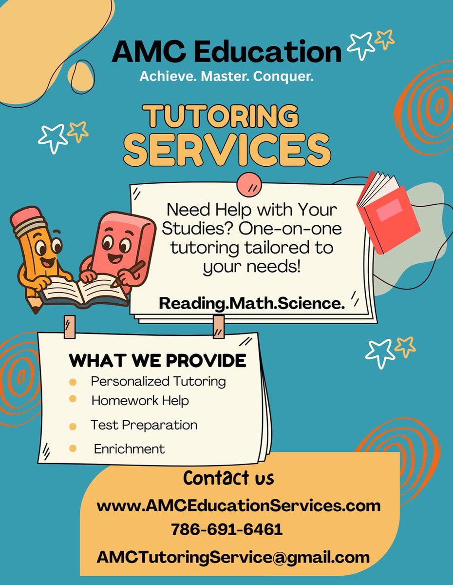 Need Help with Your Studies?

One-on-one tutoring tailored to your needs!

READING • MATH • SCIENCE

WHAT WE PROVIDE
✏️Personalized Tutoring
✏️Homework Help
✏️Test Preparation
✏️Enrichment

CALL NOW!
📲(786) 691-6461

🔗 AMCEducationServices.com

📧 AMCTutoringService@gmail.com