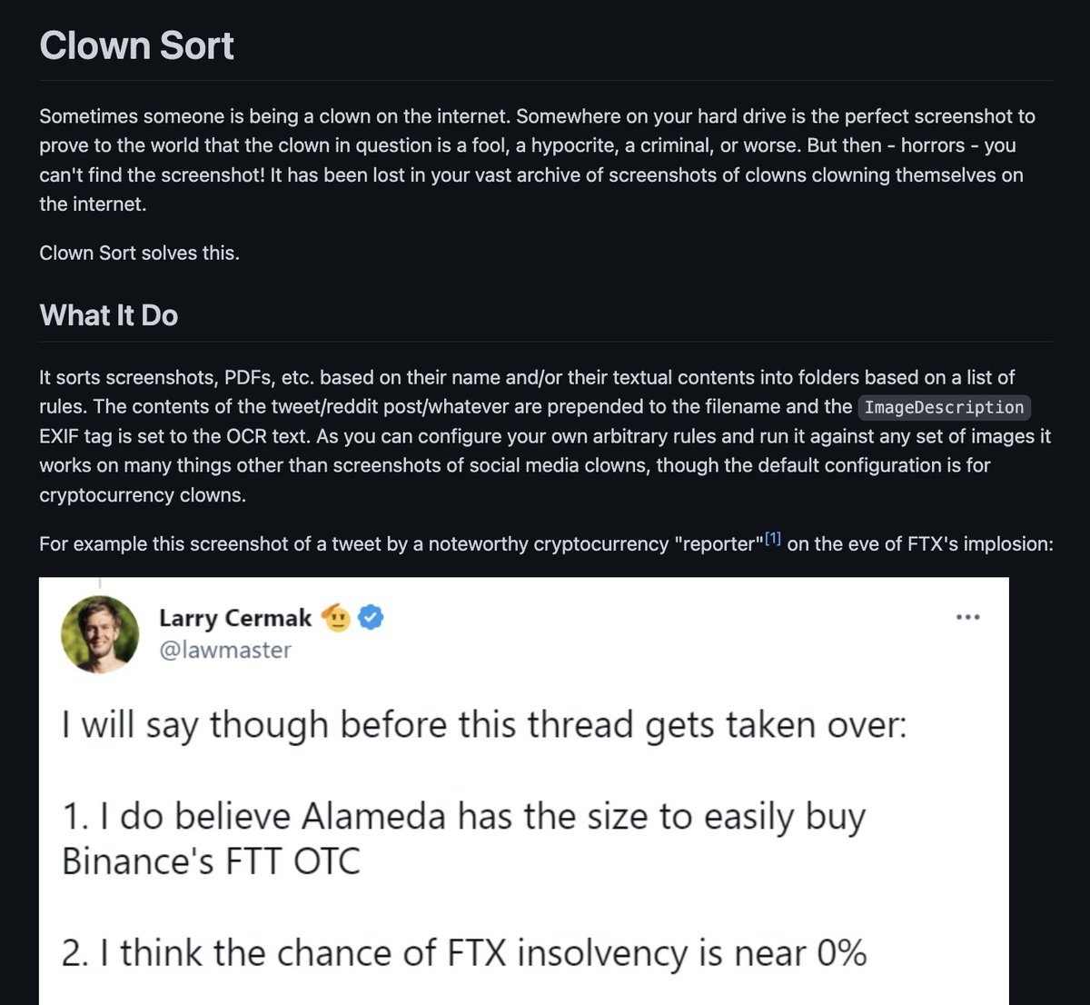Cryptadamist's tweet photo. Ω🪬Ω
#ClownSort 1.13.3 is out. It's a tool to sort screenshots based on rules you specify.
- lot of bug fixes
- better handling of diacritics, accents, umlauts, etc.
- new `--hide-dirs` option
- new `--anonymize-user-dir` option
- extract_pages_from_pdf script
Link in reply. https://t.co/GfJGUiQTnk