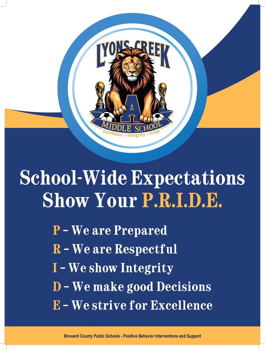 LCMS_MS's tweet image. Big news🦁 Families‼️The @flpbis Project has recognized us as a 2024–2025 #PBIS🏆Model School! At @LCMS_Principal, we don’t just talk about PBIS, we LIVE it. Every day we commit to positivity, consistency &amp;amp; success for ALL 🦁 thru our P.R.I.D.E. expectations @DrFlem71 @AP_Newell