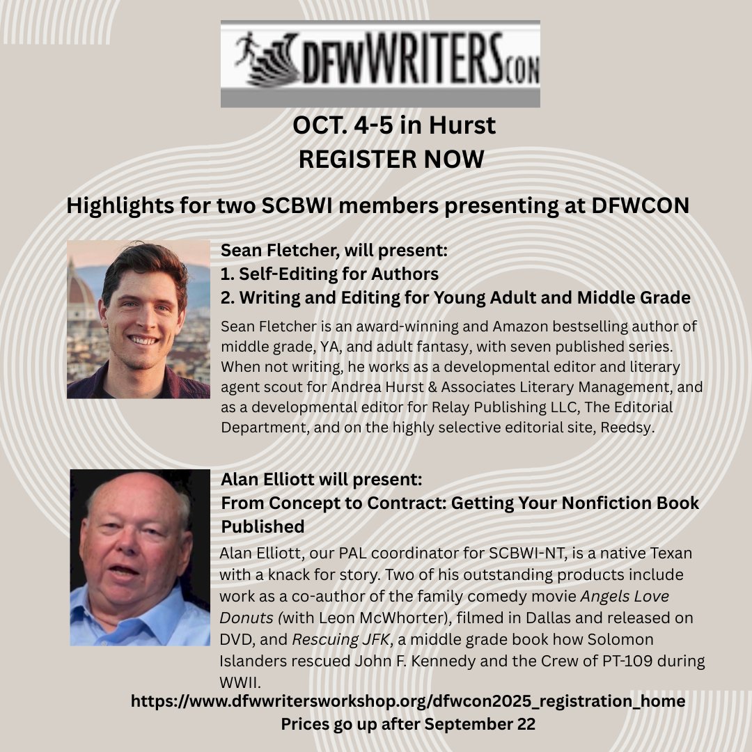profsontag's tweet photo. @SCBWINorthTexas Have you signed up yet for the DFWCon coming Oct. 4-5 in Hurst? Register by Sept. 22 before the price goes up! Here's a highlight of two SCBWI-NT members who will present workshops. Don't miss it! 
https://t.co/of4sZuqEVj https://t.co/krVLfRwWZg