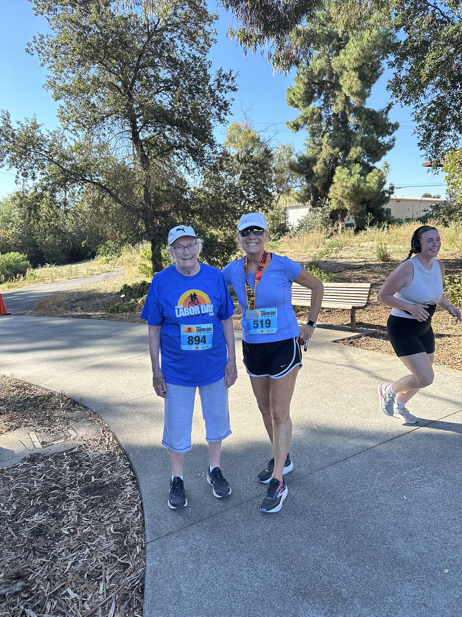 SGiesbrecht's tweet photo. Win! 9/1/2025 was mom and my 16th year of Labor Day race/- another milestone for us. We've persevered through injuries and illnesses. Mom is 93 years young. I run in the path of your commands for you have broaden my understanding” Psalm 11932 #inspiration #finishwell #finish https://t.co/z6TlAhYLCU