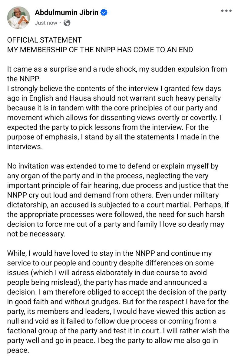AbdulAbmJ's tweet photo. OFFICIAL STATEMENT 
MY MEMBERSHIP OF THE NNPP HAS COME TO AN END
"No invitation was extended to me to defend myself by any organ of the party and in the process, neglecting the important principle of fair hearing and due process that the NNPP cry out loud and demand from others." https://t.co/5Ku3ImAmF2