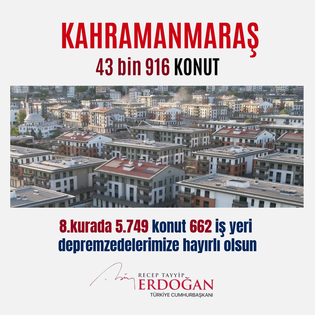 Kahramanmaraş 43 bin 916 konut 8. Kurada 5.749 konut 662 işyeri depremzedelerimize hayırlı olsun.