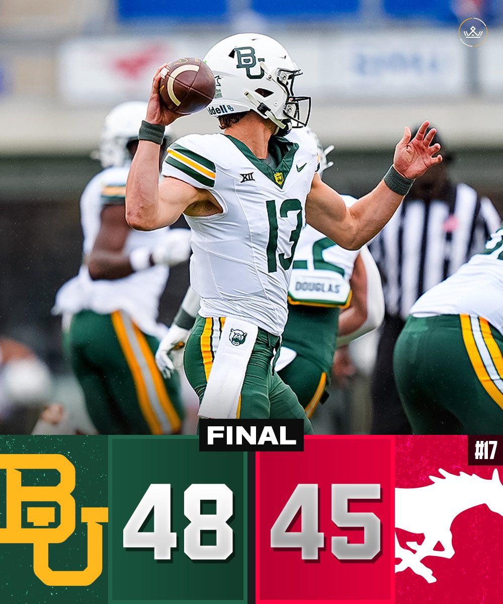 CFBKings's tweet image. BAYLOR OVERCOMES A 14-POINT DEFICIT AND BEATS #17 SMU IN 2OT 🐻

Sawyer Robertson:
• 34/50, 460 total yards, 4 TDs