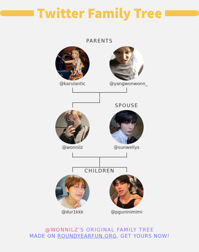 👨‍👩‍👧‍👦 My Twitter Family:
👫 Parents: <a href="/karulantic/">k'kyra⁷ | #modyssey</a> <a href="/yangwonwonn_/">churro</a>
👰 Spouse: <a href="/sunwellys/">the sin: hiellᡣ𐭩</a>
👶 Children: <a href="/dur1kkk/">irus | the sin:vanish</a> <a href="/pguninimimi/">ikbal | parksitive</a>

➡️ infintytweet.me/family-tree
