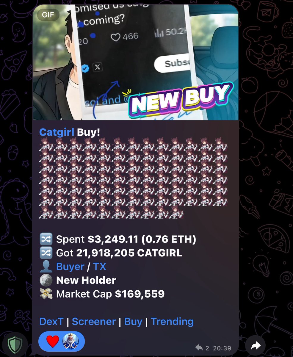 @AltcoinGordon CATGIRL is purring on Ethereum! Launched Sep 2025, trade on Uniswap (CA: 0x8CDDA18f0fD28096c839efC487456b50702F7d09). Small community, big dreams. Join the Telegram &amp; see the vision! 🐱 #CATGIRL #MemeToken catgirltoken.com