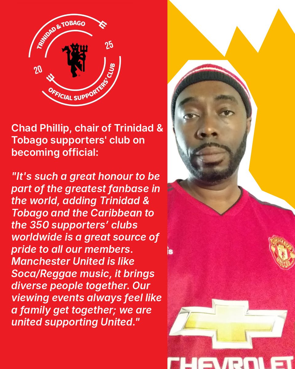 TnTOfficialSC's tweet photo. @chadphillip7 spoke to @ManUtd this is what he had to say about being the first official club. Check out the full article on the Man United website. 
#TTOSC #TheUnitedHour #WeAreUnited #manchesterunited #MUFC #GGMU #trinidad #football #ManUnited #manutd #RedDevils #united https://t.co/v3wcXtPdPe