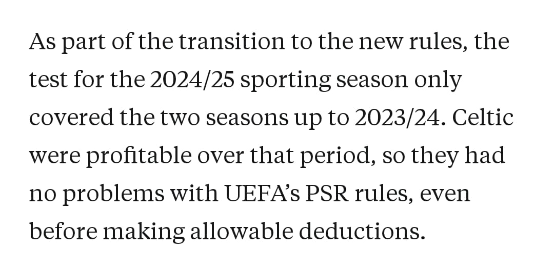 John McGinley (@jhnmcgnly) on Twitter photo Celtic citing UEFA rules as one reason for sluggish transfer window.
<a href="/SwissRamble/">Swiss Ramble</a> covered this in report on 2024 results indicating it was very far away from being a problem for Celtic.
I'm not an expert on these rules so this is second hand.
swissramble.substack.com/p/celtic-finan⦠Celtic citing UEFA rules as one reason for sluggish transfer window.
<a href="/SwissRamble/">Swiss Ramble</a> covered this in report on 2024 results indicating it was very far away from being a problem for Celtic.
I'm not an expert on these rules so this is second hand.
swissramble.substack.com/p/celtic-finanβ¦