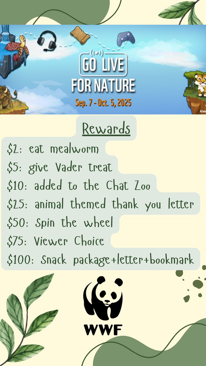 🐼 2nd <a href="/WWF_streamers/">WWF Wild-Livestreamers</a> Go Live For Nature charity stream starting tomorrow 9/7! 
streams will run every Sunday until 10/5🦒 🦓 🦈 
all donations go directly to the <a href="/WWF/">WWF</a> to help secure a sustainable future for wildlife around the world 🌎 💚

twitch.tv/toniisaur
