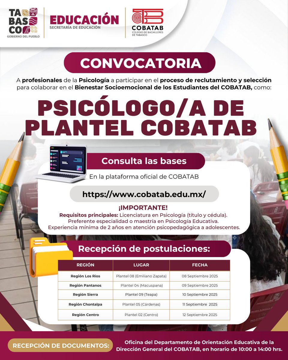 📢 El <a href="/CobatabJoven/">Colegio de Bachilleres de Tabasco</a> abre convocatoria para Psicólogas y Psicólogos interesados en fortalecer el bienestar socioemocional de las y los estudiantes.

📝 Requisitos: Licenciatura en Psicología (título y cédula), preferente especialidad o maestría en Psicología Educativa.

🧵