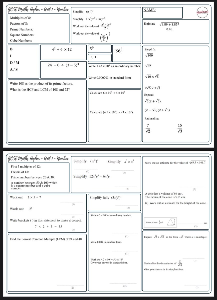 Needed a new project so I’ve decided to make worksheets and accompanying videos to review each Unit of the GCSE Maths course. Unit 1 Higher (Number) just went LIVE on YouTube. I actually think these would be really powerful as a cover lesson. Bit.ly/gcsemathsH1Vid