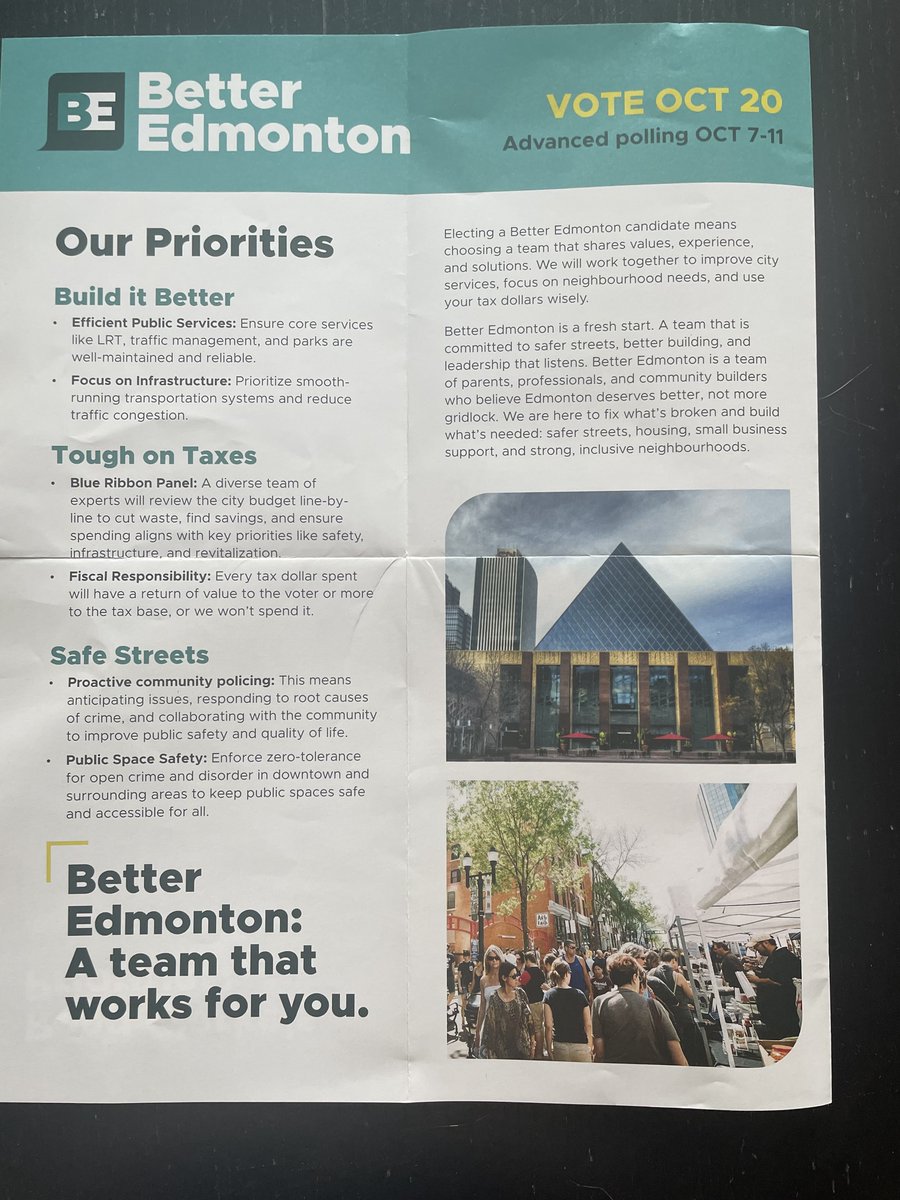 No! This election isn't to choose a President &amp; Vice President of our city. We expect our Mayor &amp; all Councillors to co-operate &amp; collaborate as a Management Team. This ad for Cartmell, Clarke &amp; 9 others as “The Better Edmonton team” is arrogance, not leadership. #yegvote #yegcc