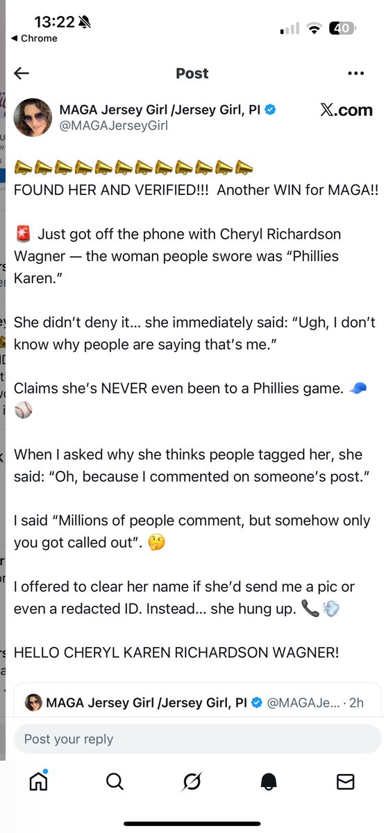 ballsonhard's tweet photo. This hoe went on a rampage to dox a woman she wasn’t even sure was the Phillies Karen and exposed all of her information and personal profiles. Then had the audacity to delete it after the damage was done. https://t.co/5u9kH8lKu7