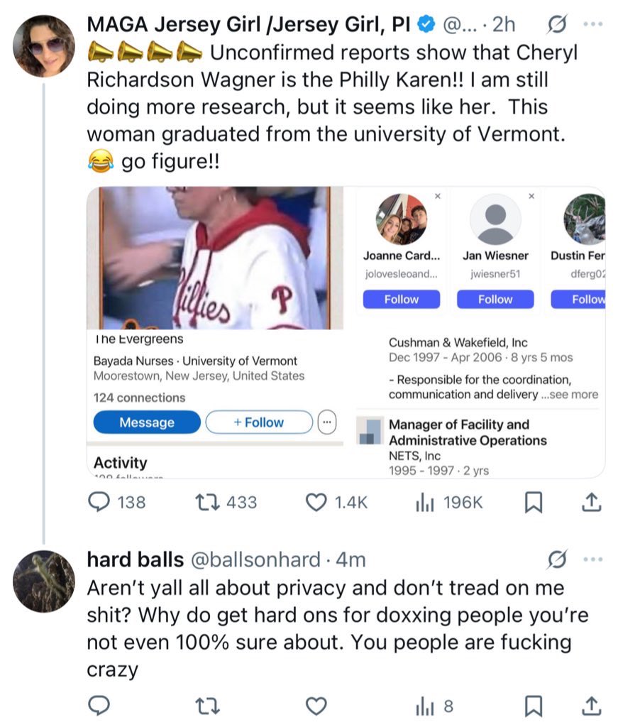 ballsonhard's tweet photo. This hoe went on a rampage to dox a woman she wasn’t even sure was the Phillies Karen and exposed all of her information and personal profiles. Then had the audacity to delete it after the damage was done. https://t.co/5u9kH8lKu7