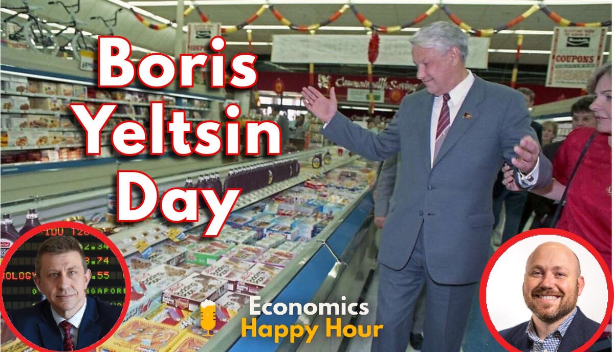 Are you ready for Boris Yeltsin Supermarket Day? The Russian leader visited a Houston grocery store in 1989 and left stunned.

It also left economics educators with an iconic lesson about economic systems.

🎧 Listen now: econhappyhour.substack.com/p/the-most-imp…