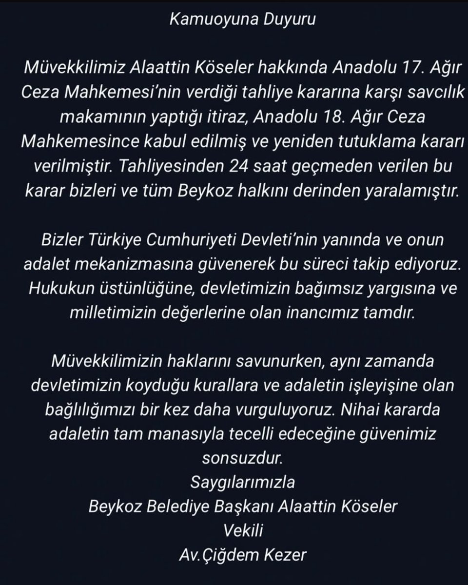Alaattin Köseler (@koseleralaattin) on Twitter photo Kamuoyuna Duyuru
Müvekkilimiz Alaattin Köseler hakkında Anadolu 17. Ağır Ceza Mahkemesi’nin verdiği tahliye kararına karşı savcılık makamının yaptığı itiraz, Anadolu 18. Ağır Ceza Mahkemesince kabul edilmiş ve yeniden tutuklama kararı verilmiştir. Tahliyesinden 24 saat geçmeden Kamuoyuna Duyuru
Müvekkilimiz Alaattin Köseler hakkında Anadolu 17. Ağır Ceza Mahkemesi’nin verdiği tahliye kararına karşı savcılık makamının yaptığı itiraz, Anadolu 18. Ağır Ceza Mahkemesince kabul edilmiş ve yeniden tutuklama kararı verilmiştir. Tahliyesinden 24 saat geçmeden