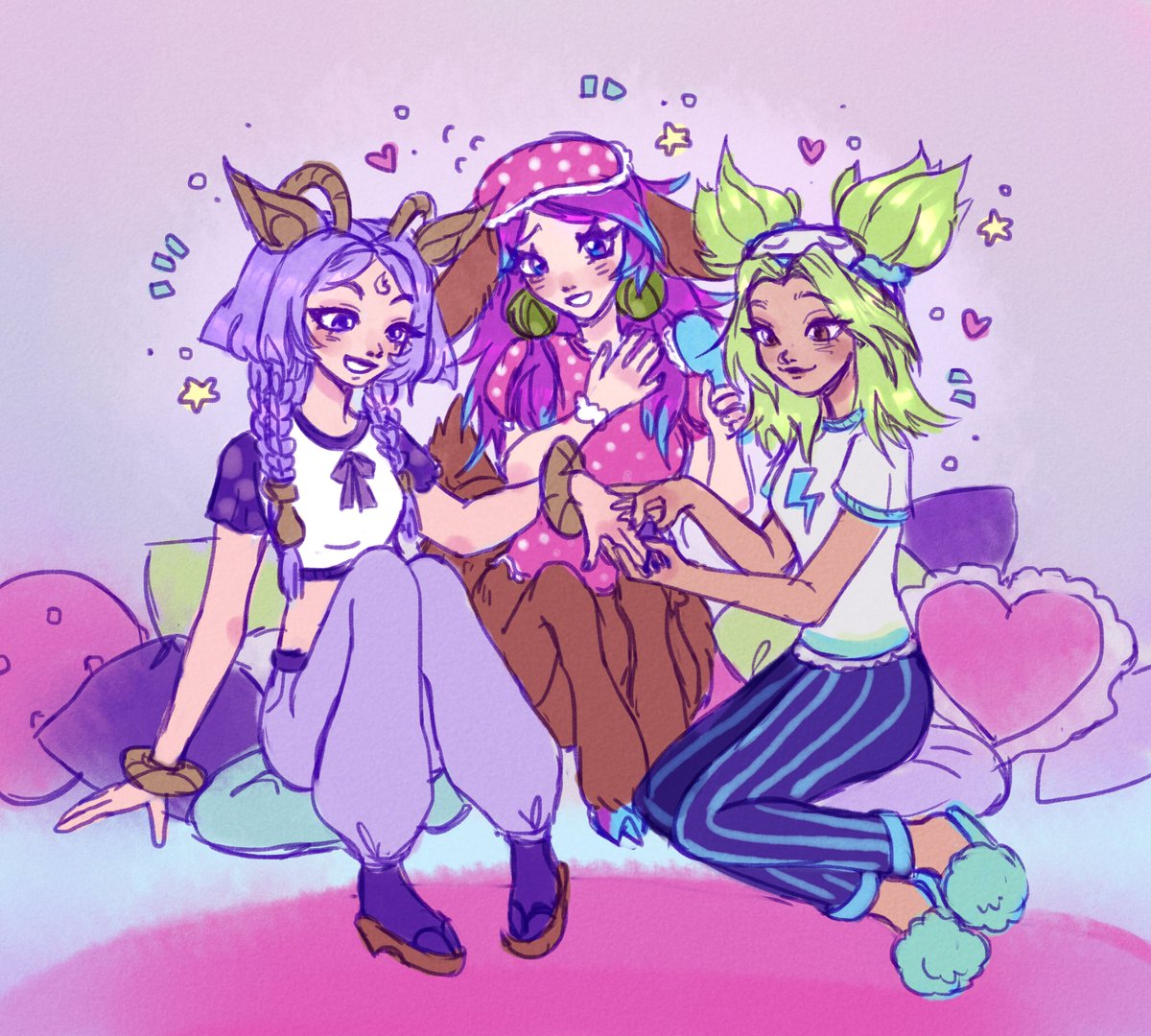 they are having a sleepover :3 (i gave them monster high inspired pajamas for funsies!)

#ArtofLegends #Yunara #Lillia #Zeri