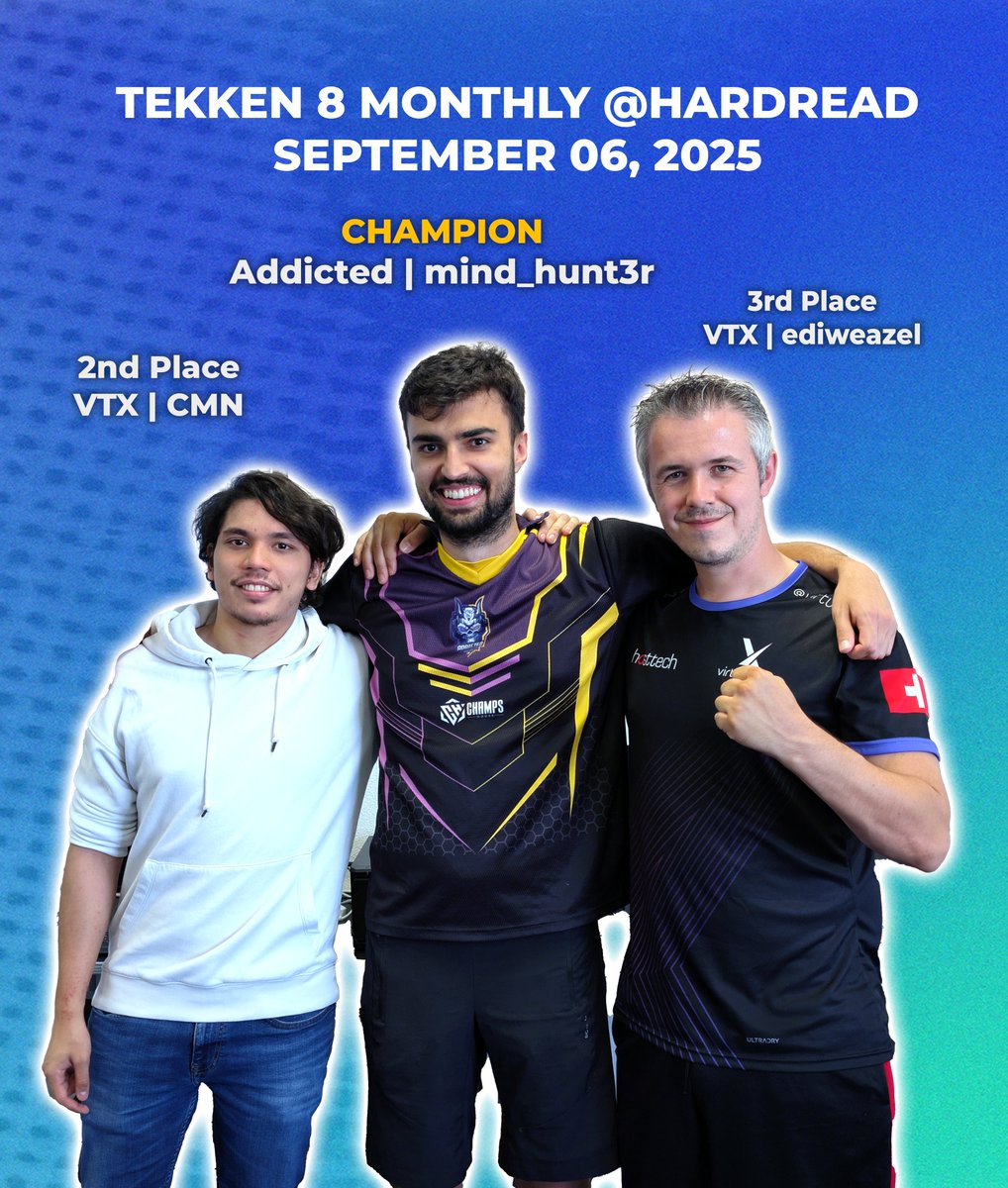 HardRead (@hardreadch) on Twitter photo Huge shoutout to our Top 3 from todayโs #TEKKEN8  Monthly!
1st โ <a href="/mind_hunt3r/">Addicted | mind_hunt3r</a>
2nd โ <a href="/ChiggenMcNuggy/">CMN</a>
3rd โ <a href="/ediweazel/">VTX | ediweazel</a>
Massive thanks to everyone who competed and everyone who pulled up live to support the event! Huge shoutout to our Top 3 from todayโs #TEKKEN8  Monthly!
1st โ <a href="/mind_hunt3r/">Addicted | mind_hunt3r</a>
2nd โ <a href="/ChiggenMcNuggy/">CMN</a>
3rd โ <a href="/ediweazel/">VTX | ediweazel</a>
Massive thanks to everyone who competed and everyone who pulled up live to support the event!