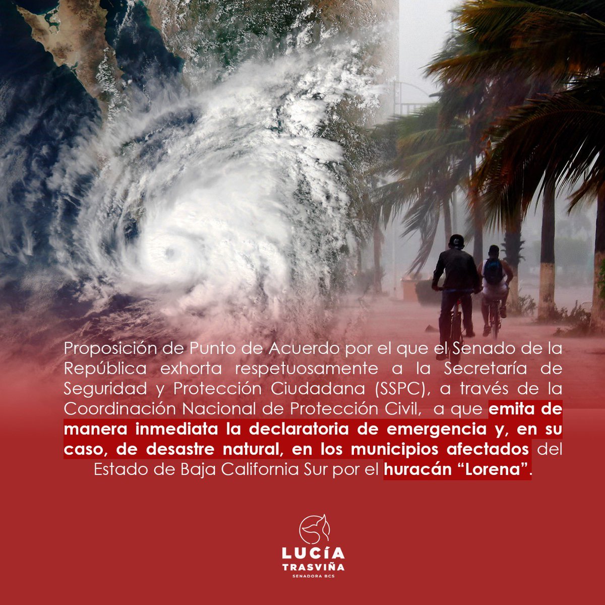 🔴En los últimos días, el Estado de Baja California Sur ha enfrentado graves afectaciones por el huracán #Lorena, por ello, presenté este #PuntoDeAcuerdo para exhortar a la Coordinación Nacional de Protección Civil, a que emita de manera inmediata la #DeclaratoriaDeEmergencia.