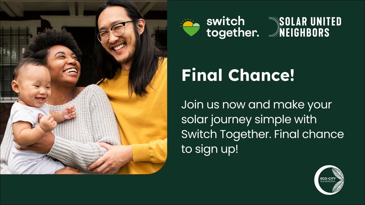 Interested in home solar? Act now! The deadline for the Switch Together campaign is September 10. The program is saving residents an average of $6,958 on a high-quality solar installation. Join today to receive a recommendation on a solar installation: alexandriava.gov/Solar.