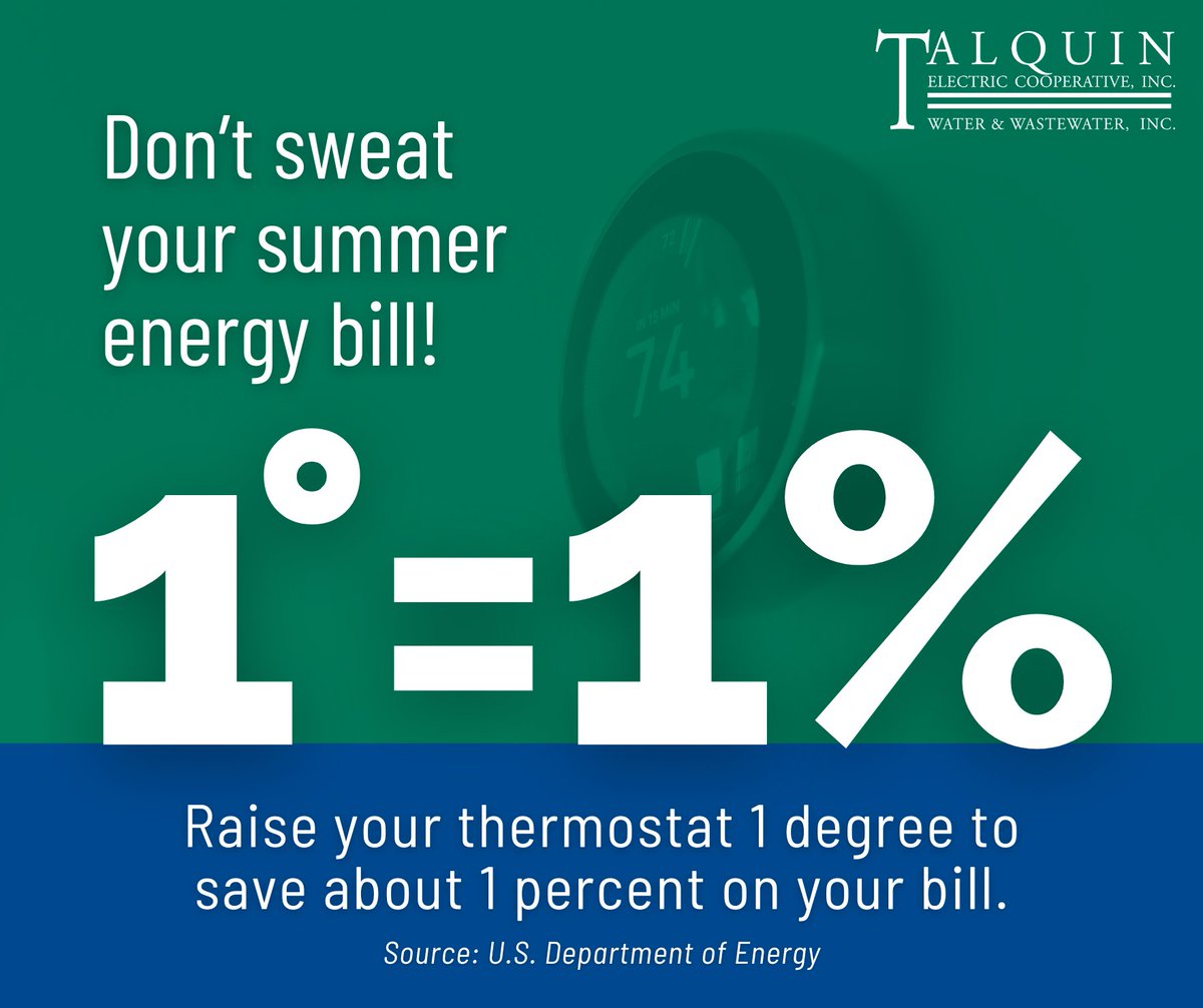 Talquin Electric Cooperative (@tectwwi) on Twitter photo Stay cool this summer without sweating your energy bill:
✅ Minimize the gap between indoor and outdoor temps.
✅ Raise your thermostat 1 degree to save about 1% on cooling.
✅ Adjust temps gradually or use a programmable thermostat.
via <a href="/ENERGY/">U.S. Department of Energy</a> #SummerSavings Stay cool this summer without sweating your energy bill:
✅ Minimize the gap between indoor and outdoor temps.
✅ Raise your thermostat 1 degree to save about 1% on cooling.
✅ Adjust temps gradually or use a programmable thermostat.
via <a href="/ENERGY/">U.S. Department of Energy</a> #SummerSavings