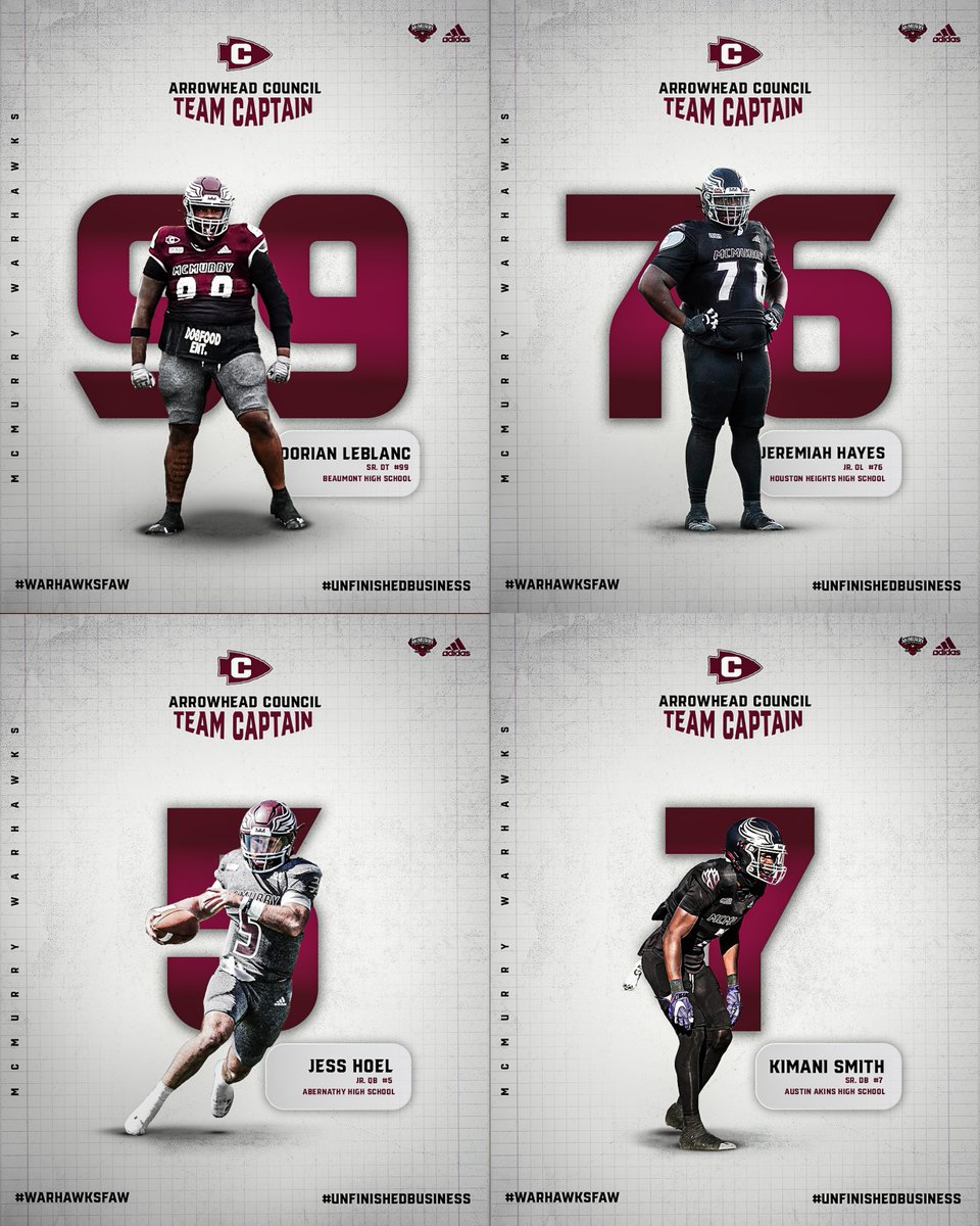 Arrowhead Council TEAM Captains for 2Nite!

- Sr. DL #99 Dorian Leblanc
- Jr. OL #76 Jeremiah Hayes
- Jr. QB #5 Jess Hoel
- Sr. DB #7 Kimani Smith

#WarHawksFAW
#DOMINATE
#GOOD