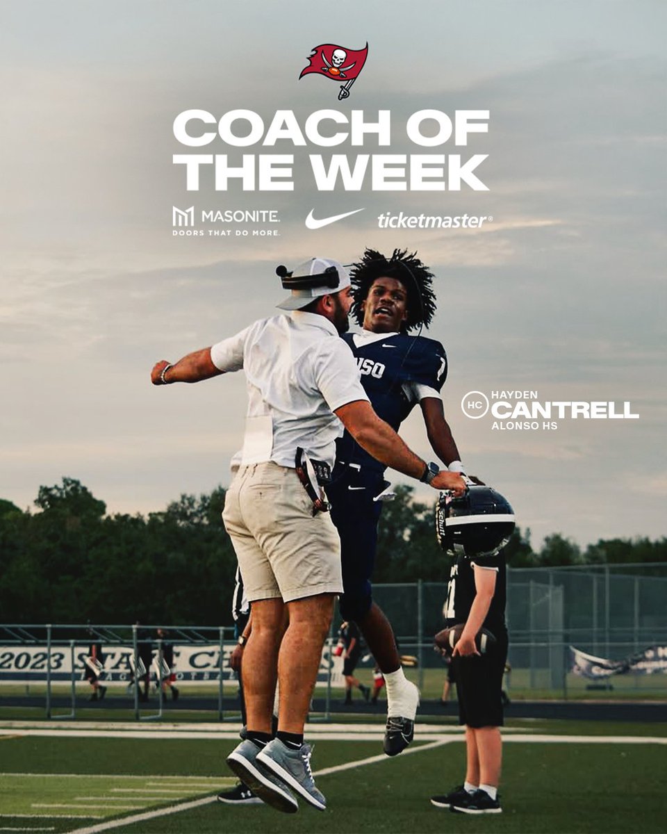 BucsFoundation's tweet photo. Congrats to Alonso High School's Hayden Cantrell for winning Coach of the Week! 🙌

Winners receive a $2,000 grant from the @BucsFoundation to help maintain &amp; upgrade their football program, in addition to four Bucs tickets courtesy of @Ticketmaster 🎟️ https://t.co/XJG0Fpie49