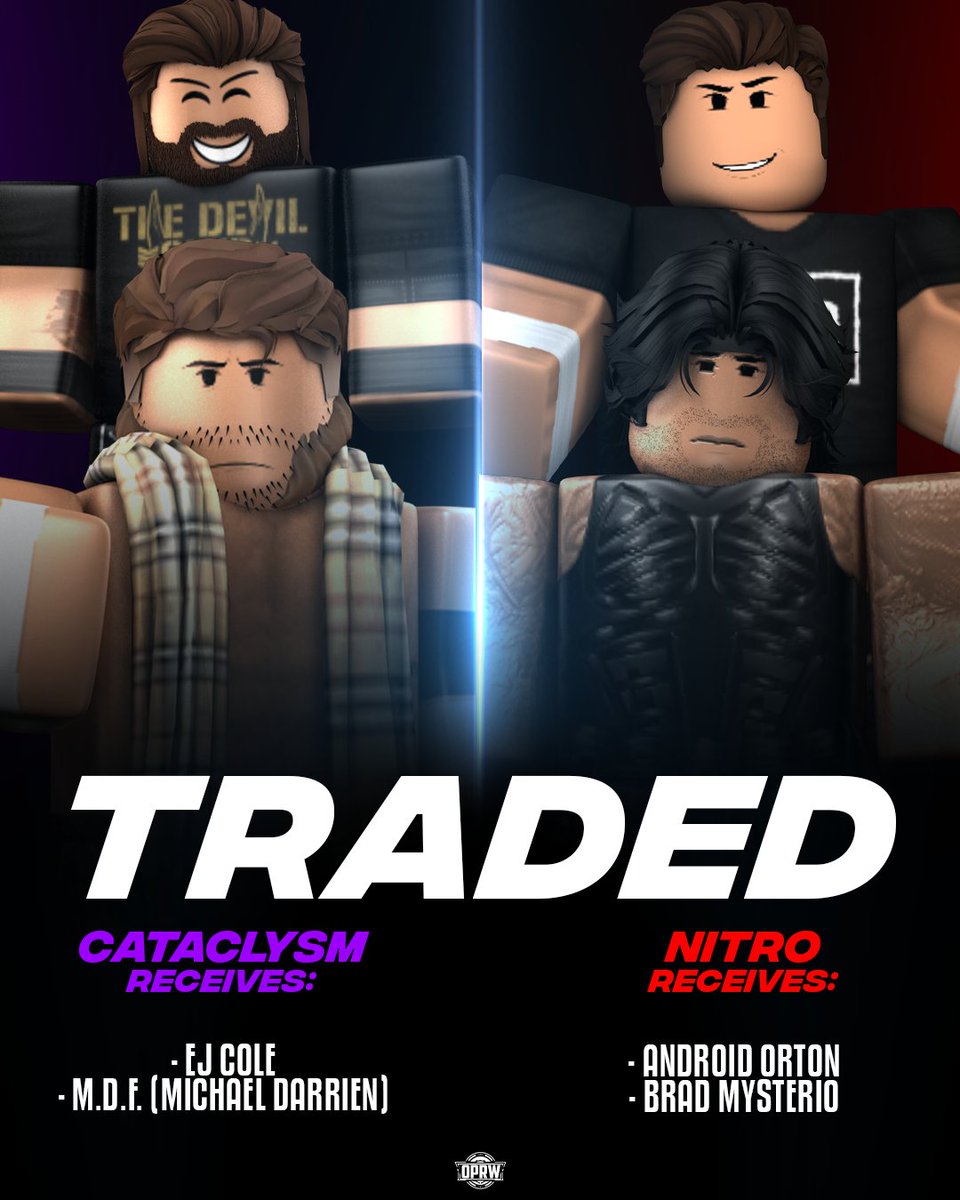 TRADE ALERT! 🚨

The FIRST trade post-SummerBash has been made official.. and it's one that is SURE to not dissapoint!

🔴 NITRO RECIEVES: 
#BradMysterio &amp; <a href="/rememberingmsfl/">Android</a> 
🟣 CATACLYSM RECIEVES:
@devilOPRW &amp; #MDF

Who do YOU think won this trade?! 🤔

#OPRW2025