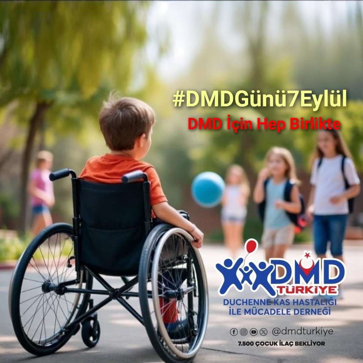 7 Eylül Dünya Duchenne Farkındalık Günü’nde 
#DMDGünü7Eylül diyerek sesimizi yükseltiyoruz ‼️ 
👉🏻 DMD İçin Hep Birlikte 👈🏻 umutla, sevgiyle ve dayanışmayla mücadele ediyoruz.  
DMD'li çocuklarımız için eğitimde, sağlıkta ve tedavide eşitlik istiyoruz. ‼️ 
Bu sessiz çığlığı