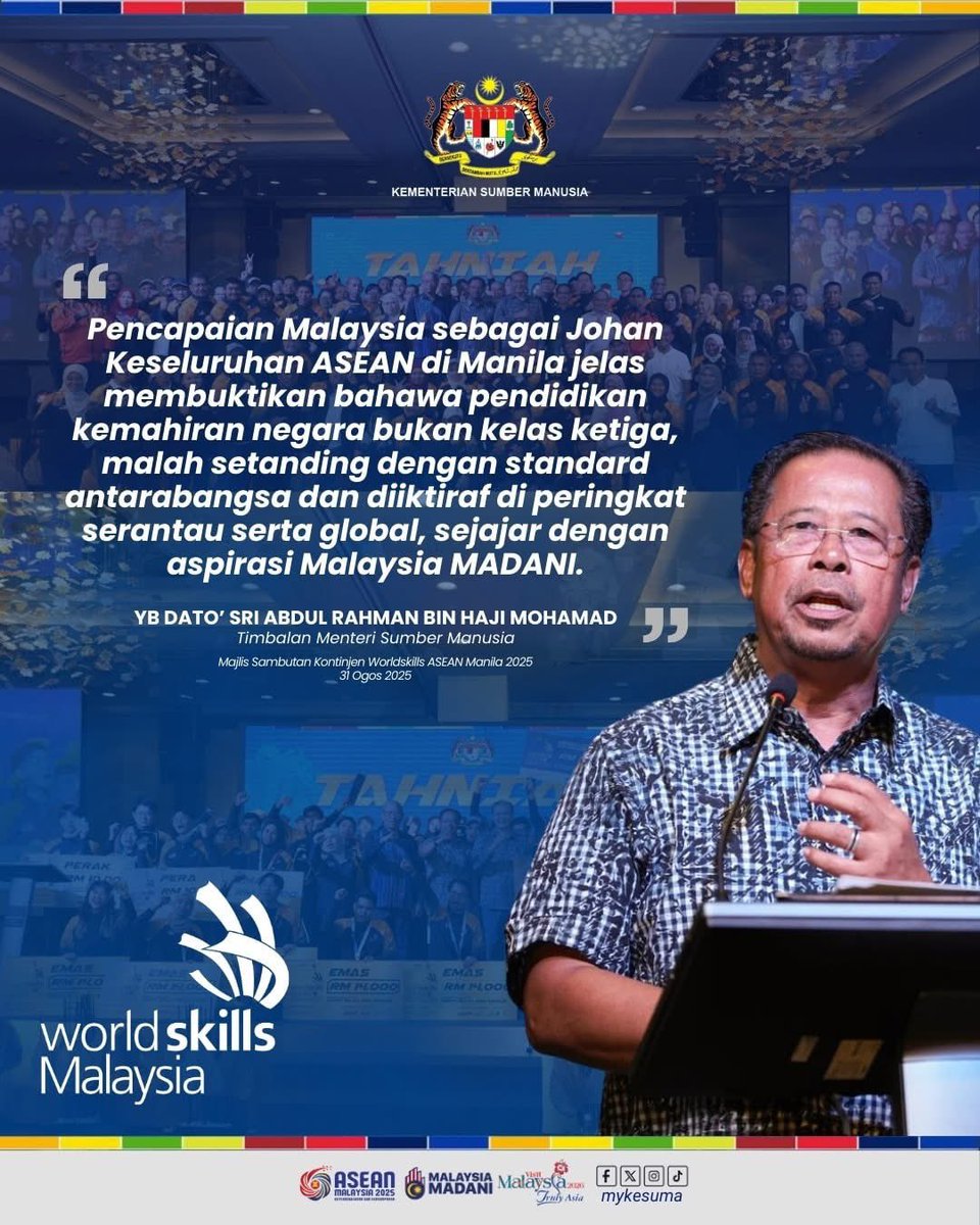 khalkhalil67's tweet photo. Make Things Happen!!!
Hairdresser Life...

YB DATO' SRI ABDUL RAHMAN BIN HAJI MOHAMAD
Timbalan Menteri Sumber Manusia
Majlis Sambutan Kontinjen Worldskills ASEAN Manila 2025
#WorldSkillsASEANManila2025 #worldskillsmalaysia #hairdressingmalaysia #khalsalon #hsdo #Expert https://t.co/aP1YJy4dMV