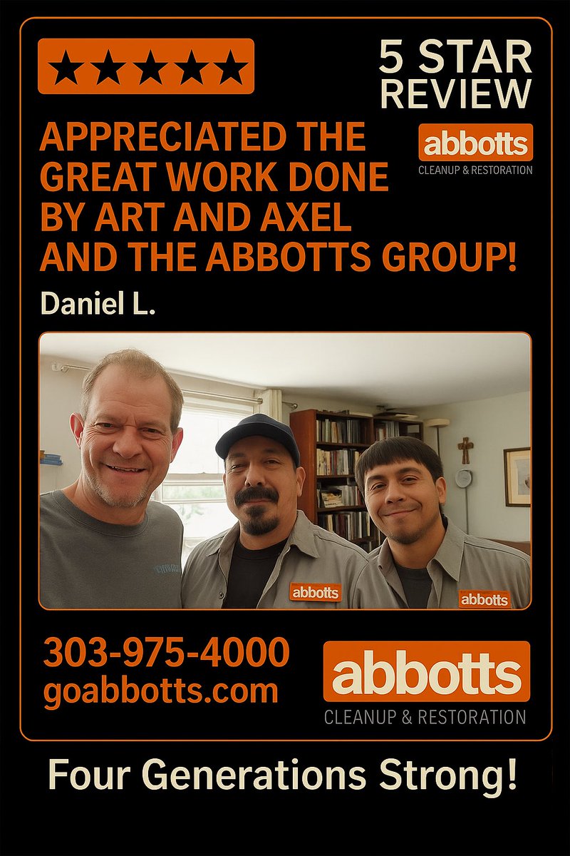 AbbottFireFlood's tweet image. 🌟 Another 5-Star Review for Abbotts Cleanup &amp;amp; Restoration! 🌟

📞 303-975-4000
🌐 goabbotts.com

#GoAbbotts #RestorationExperts #CustomerSuccess #PropertyManagement #ColoradoBusiness