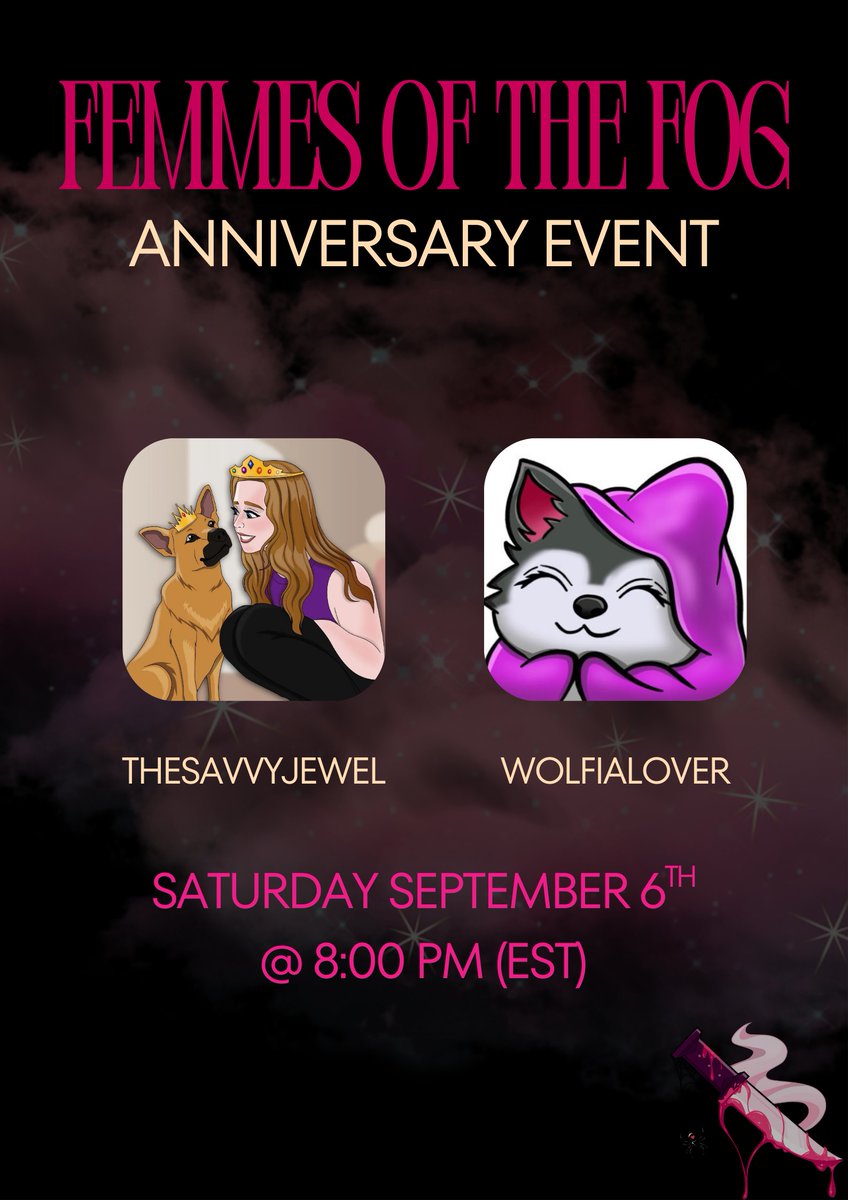 TONIGHT! <a href="/wolfialover/">Wolfia 👾</a> &amp; I are going to be celebrating the <a href="/FemmesoftheFog/">Femmes of the Fog</a> anniversary event with some dbd and shenanigans! Can't wait to see you there! 💕💃
